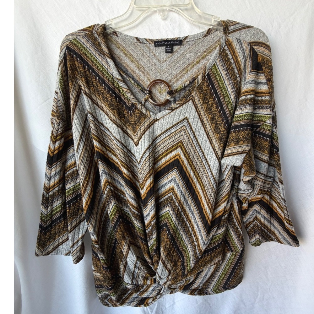 Signature Studio Top Brown Chevron Y2K Style Boho Earth Tones Large
